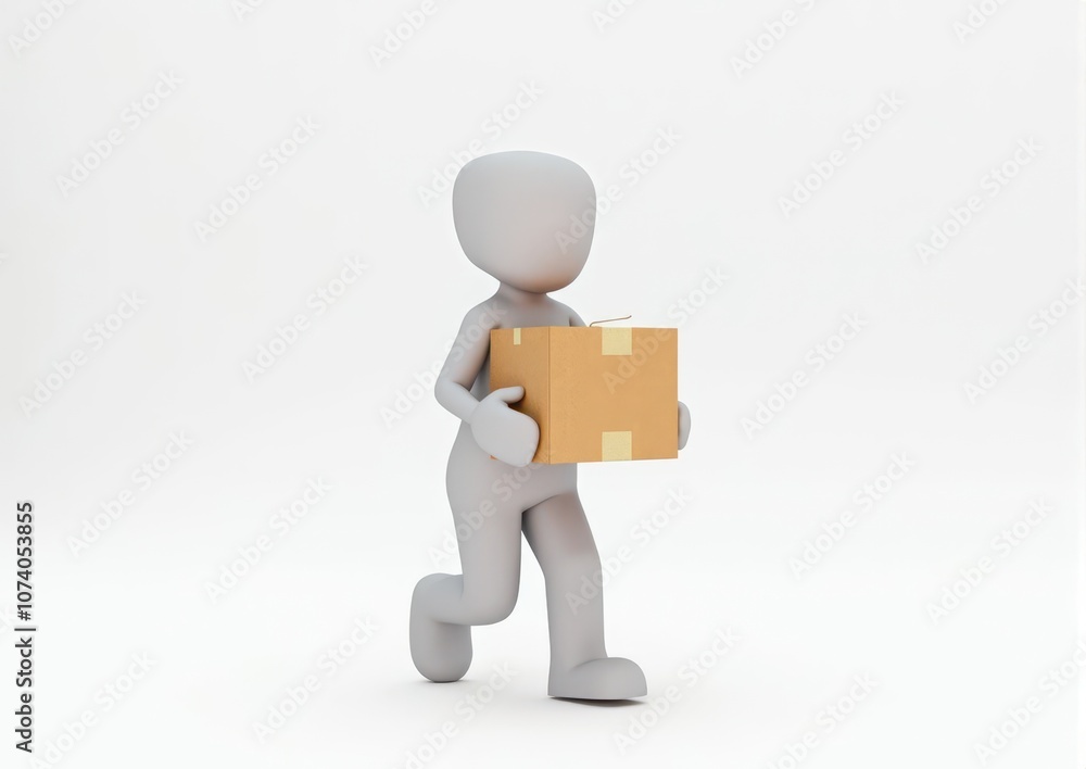 gray toy man 3d carries in hands a cardboard box on white background gray toy man 3d carries in hands a cardboard box on white background