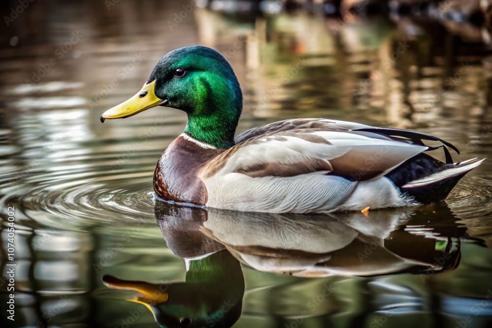 Obraz premium Captivating Documentary Photography of a Mallard Duck in Its Natural Habitat, Showcasing Vibrant Colors and Intricate Details in a Serene Lakeside Environment