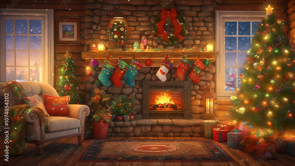 Christmas scene with fireplace Christmas scene with fireplace