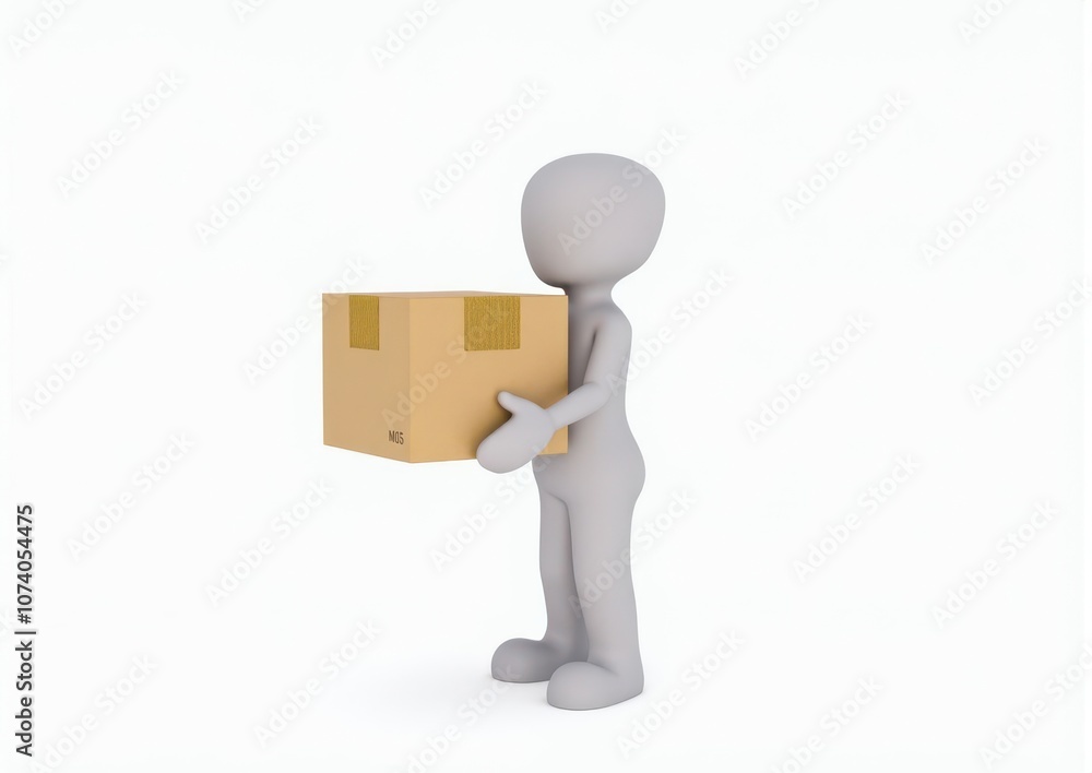 gray toy man 3d carries in hands a cardboard box on white background gray toy man 3d carries in hands a cardboard box on white background