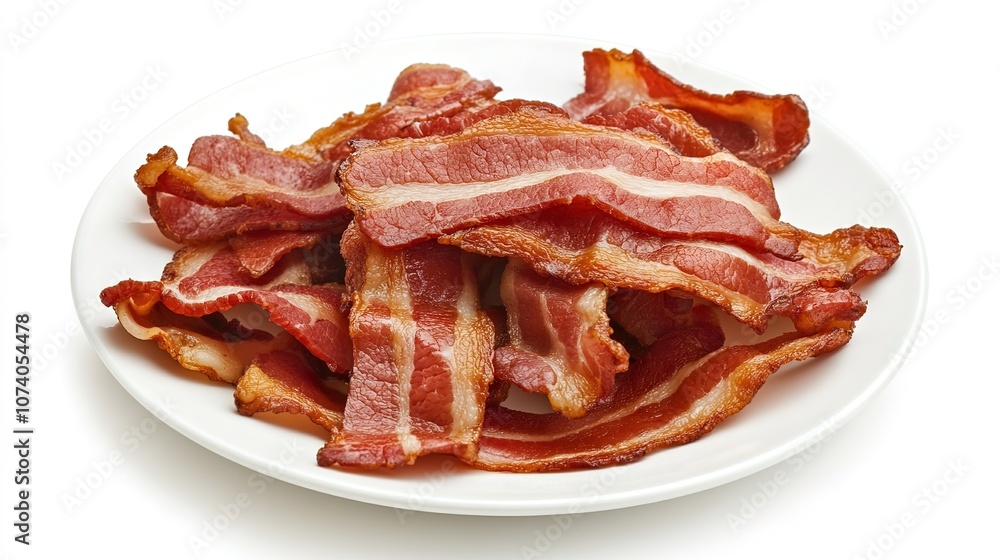 Plate with crispy bacon arranged neatly, viewed from the top, showcasing the sizzling, golden-brown strips with a crispy texture, highlighting the savory Plate with crispy bacon arranged neatly, viewed from the top, showcasing the sizzling, golden-brown strips with a crispy texture, highlighting the savory