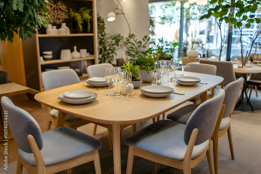 Modern Dining Room Set: Light oak dining table with six grey upholstered chairs, set for a dinner party. Stylish home decor, interior design. Modern Dining Room Set: Light oak dining table with six grey upholstered chairs, set for a dinner party. Stylish home decor, interior design.