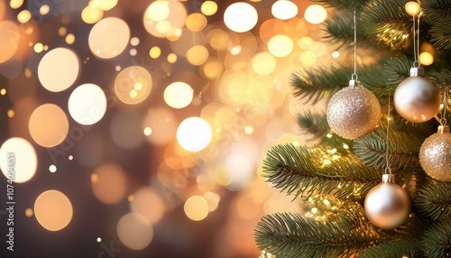 christmas background with bauble tree and blurred lights in backdrop