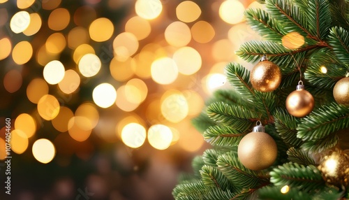 christmas background with bauble tree and blurred lights in backdrop