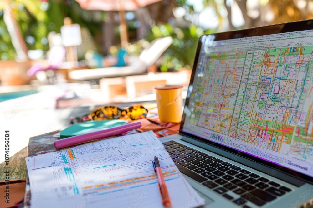 A laptop, documents, and a mug on a table with an outdoor background A laptop, documents, and a mug on a table with an outdoor background