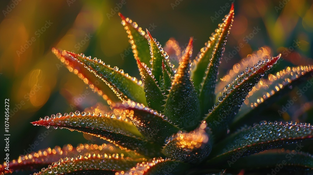 Close-up of Dew-Covered Aloe Plant with Sunlit Bokeh Close-up of Dew-Covered Aloe Plant with Sunlit Bokeh