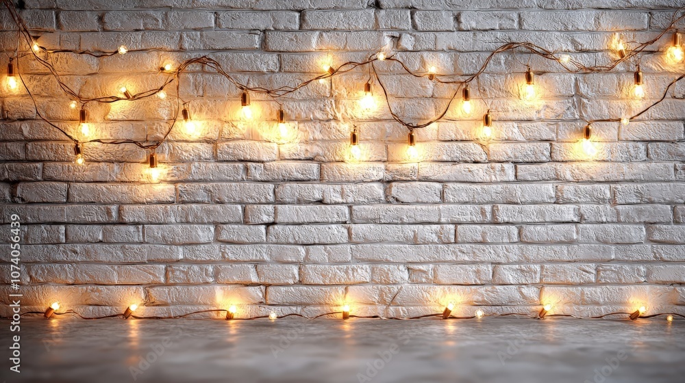 Warm string lights draped over a white brick wall, creating a cozy atmosphere. Warm string lights draped over a white brick wall, creating a cozy atmosphere.