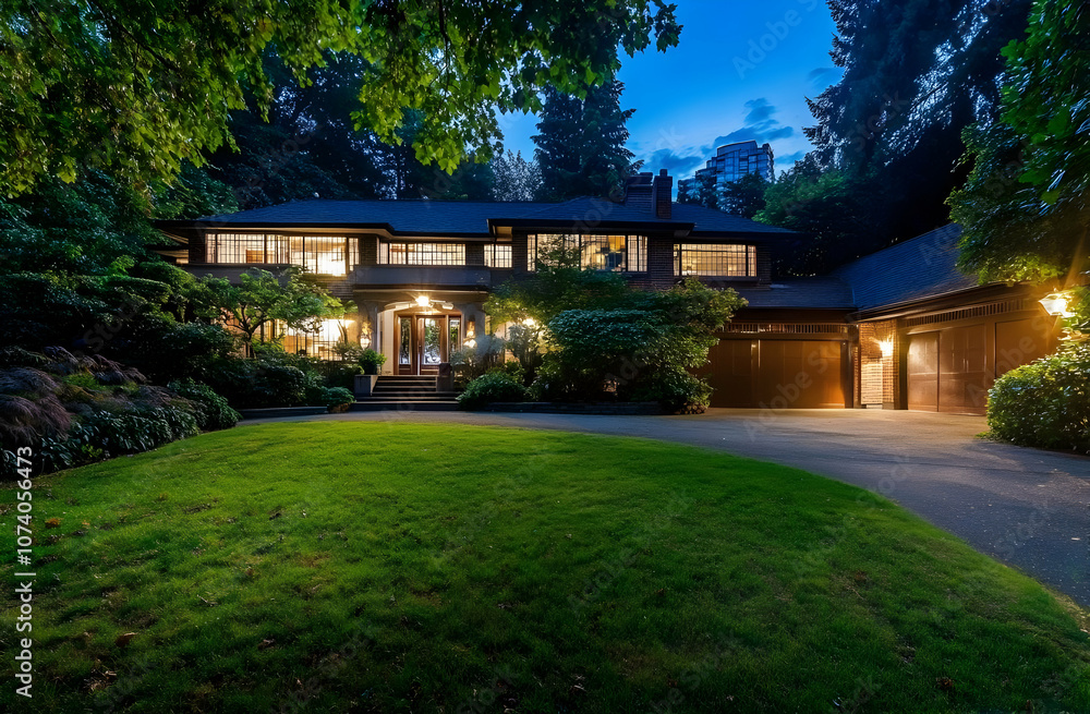 Neighborhood Real Estate Image - A beautifully lit house at dusk, surrounded by lush greenery and a well-kept lawn. Neighborhood Real Estate Image - A beautifully lit house at dusk, surrounded by lush greenery and a well-kept lawn.