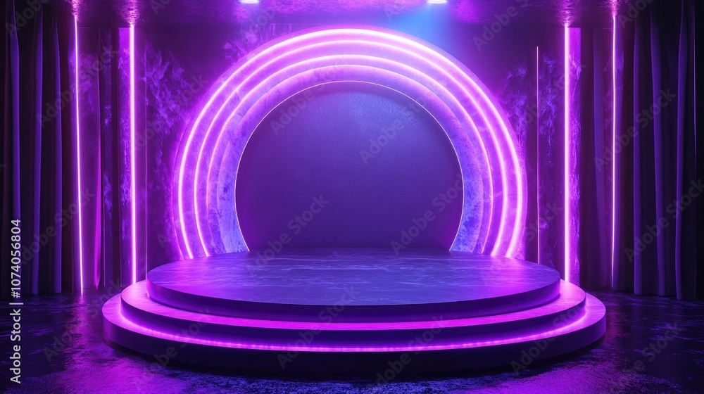3D illustration of a curved display podium in a circular design on a stage 3D illustration of a curved display podium in a circular design on a stage