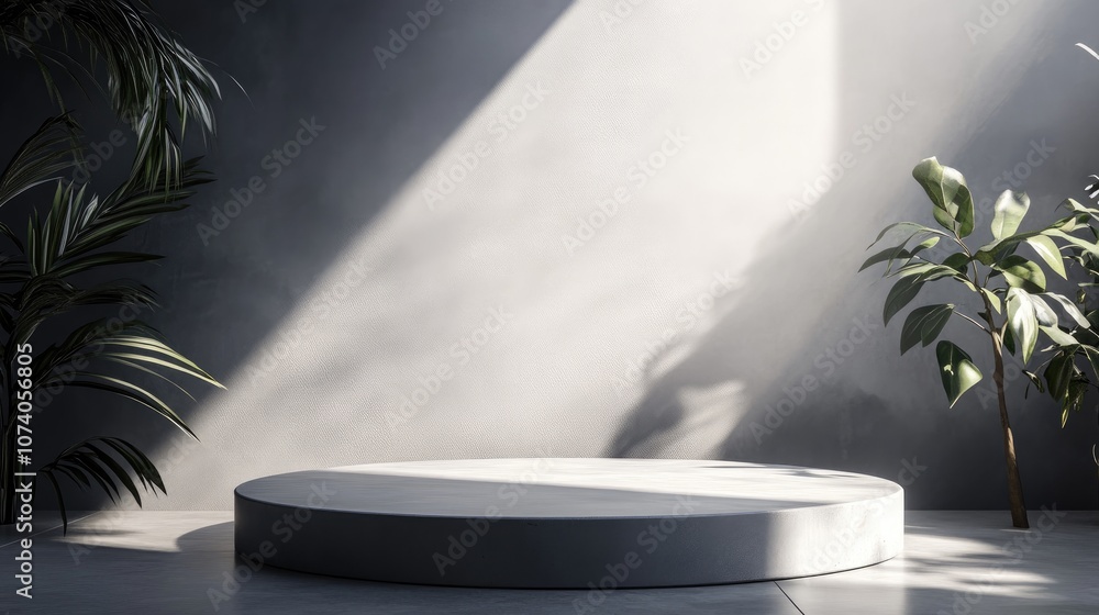 3D rendering of an empty concrete texture podium for product display template in a landscape layout 3D rendering of an empty concrete texture podium for product display template in a landscape layout
