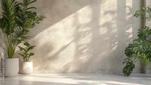 Subtle botanical backdrop with wall shadow ideal for frames covers cards and postcards Display stand on soft architectural background for premium products 3D render