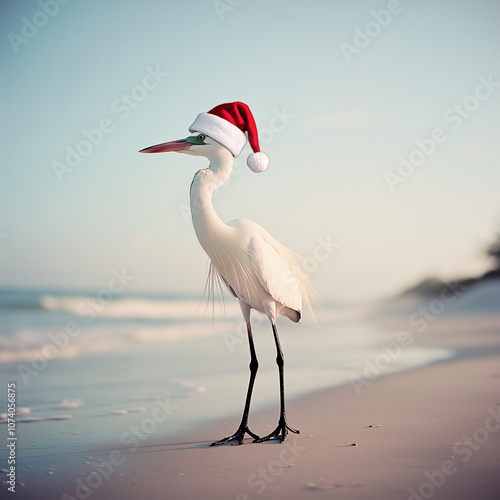 A snowy white heron wearing a red Santa hat is walking on a beach  photo