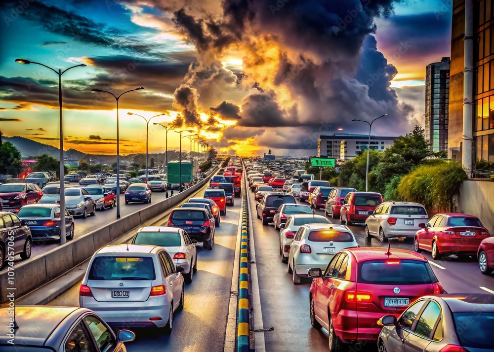 Obraz premium Captivating Fashion Photography of Long Traffic Jam on a Two-Lane Road Captured from Inside a Car Window, Showcasing Urban Style Amidst Endless Vehicles