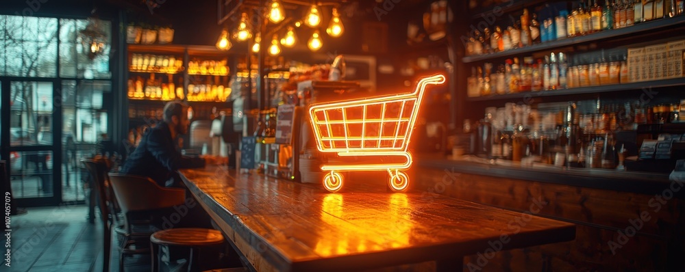 Neon Shopping Cart on a Bar Counter in a Dimly Lit Room Neon Shopping Cart on a Bar Counter in a Dimly Lit Room