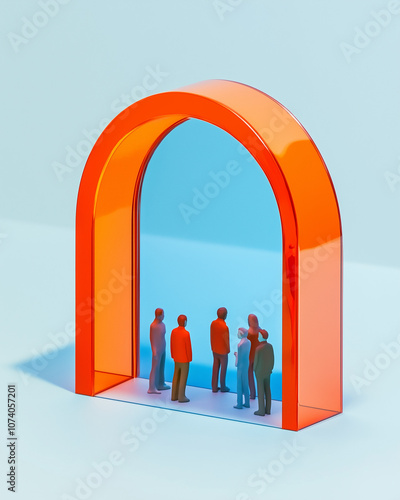 A minimalist composition featuring an arched mirror reflecting miniature human figures, set against a soft blue background with a bold orange accent, creating a sense of community 