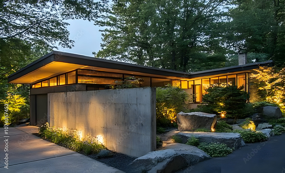 Neighborhood Real Estate Image - Modern home with sleek design, illuminated by soft lighting amidst lush greenery. Neighborhood Real Estate Image - Modern home with sleek design, illuminated by soft lighting amidst lush greenery.
