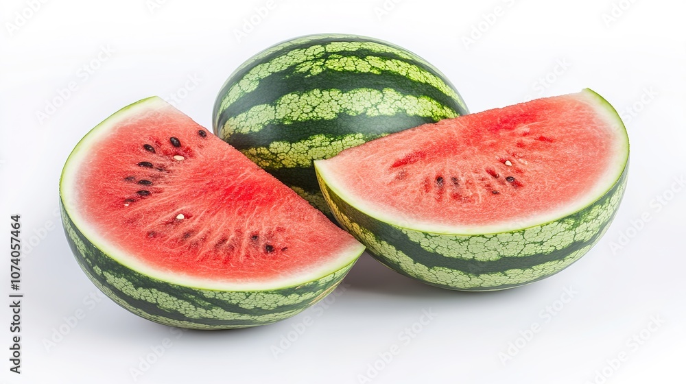 Fresh slices of watermelon isolated on a white background, showcasing the vibrant red flesh, seeds, and green rind, highlighting the refreshing and juicy qualities of the fruit for a clean, Fresh slices of watermelon isolated on a white background, showcasing the vibrant red flesh, seeds, and green rind, highlighting the refreshing and juicy qualities of the fruit for a clean,