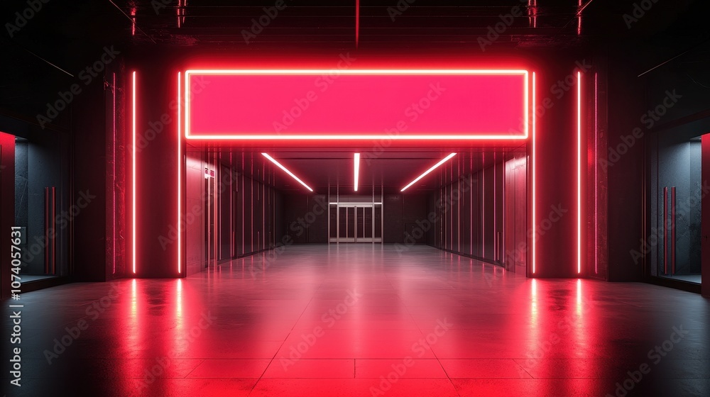 Fototapeta premium A blank bright red neon marquee sign with glowing lights situated above the entrance of a cinema or building, theater exterior, showcasing a vibrant and stylish urban environment.
