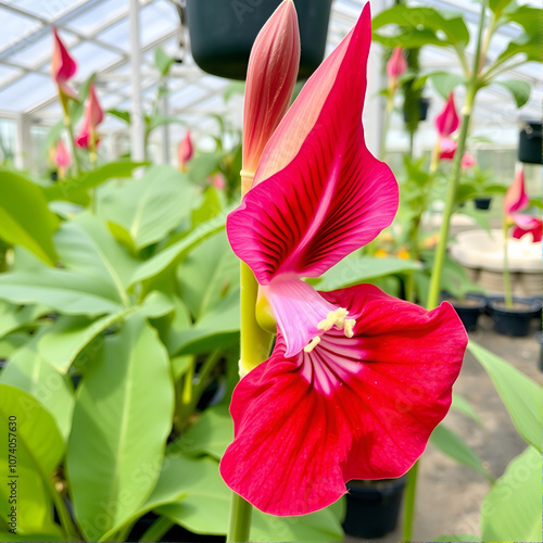 Blooming gloxinia (Sinningia speciosa) in greenhouse. photo