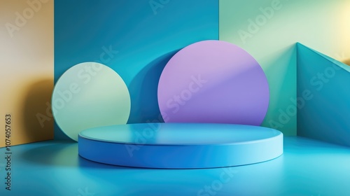 Minimalist scene featuring a corner podium with an abstract backdrop Geometric shapes set against a blue and green pastel palette 3D rendering of geometric forms with a blue background