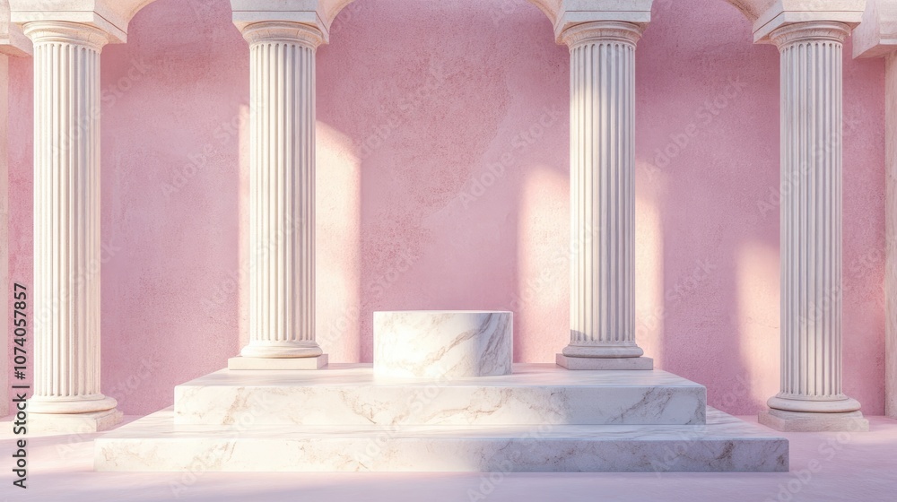 Naklejka premium Empty podium display with marble columns in a Greek style featuring a pink studio interior realistic 3D rendering Minimalist backdrop showcasing pedestal design and antique architecture elements