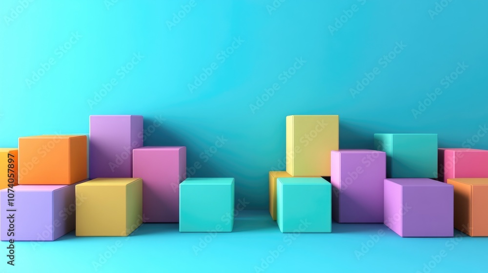 Vibrant pastel colored boxes on a bright blue backdrop Minimalistic design 3D rendering Vibrant pastel colored boxes on a bright blue backdrop Minimalistic design 3D rendering