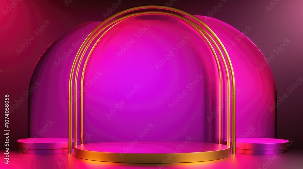 Bright magenta and neon pink 3D rendered simple product display podiums featuring a luxurious gold arch and lines set against a minimal abstract background Bright magenta and neon pink 3D rendered simple product display podiums featuring a luxurious gold arch and lines set against a minimal abstract background