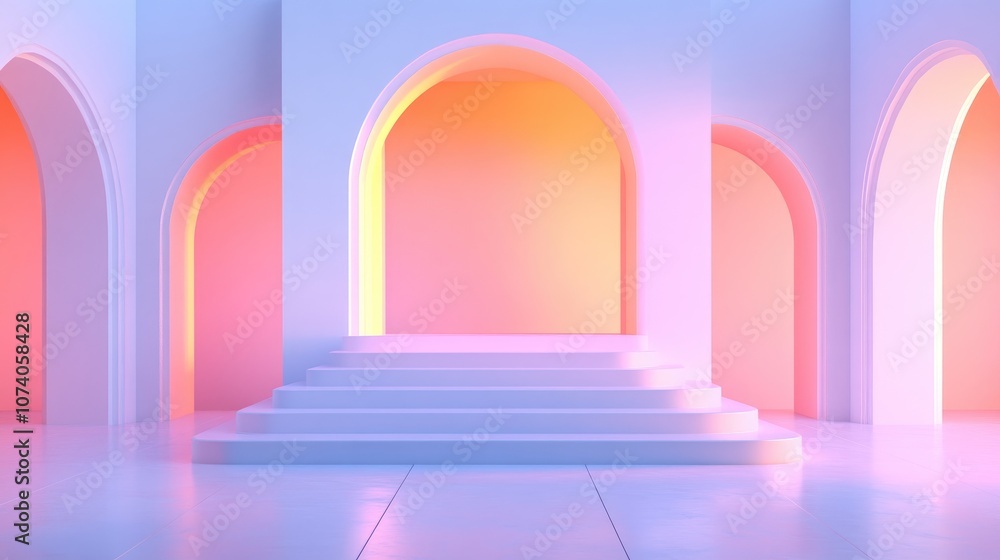 Abstract composition featuring geometric shapes in a 3D rendering Minimalistic bright studio setup with an empty podium staircase and arches for promotional displays and product presentations Abstract composition featuring geometric shapes in a 3D rendering Minimalistic bright studio setup with an empty podium staircase and arches for promotional displays and product presentations