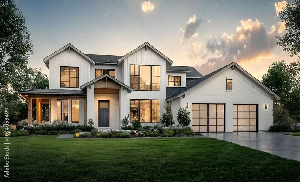 Neighborhood Real Estate Image - A modern two-story house with a landscaped yard and garage, set against a twilight sky. Neighborhood Real Estate Image - A modern two-story house with a landscaped yard and garage, set against a twilight sky.