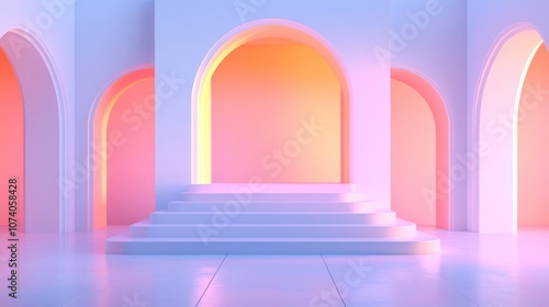 Abstract composition featuring geometric shapes in a 3D rendering Minimalistic bright studio setup with an empty podium staircase and arches for promotional displays and product presentations