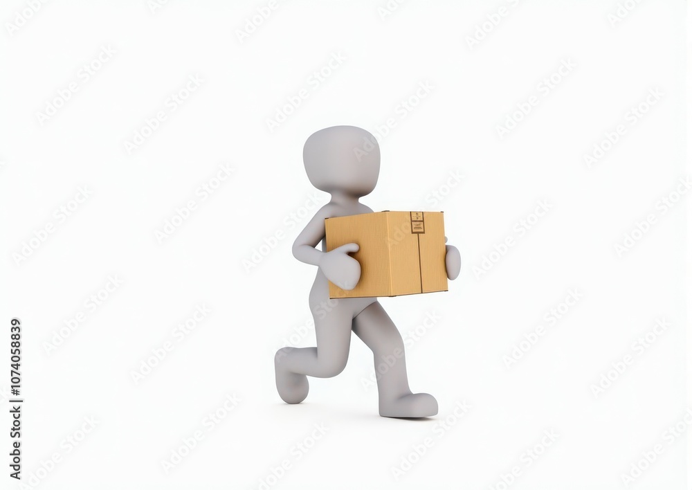 gray toy man 3d carries in hands a cardboard box on white background gray toy man 3d carries in hands a cardboard box on white background