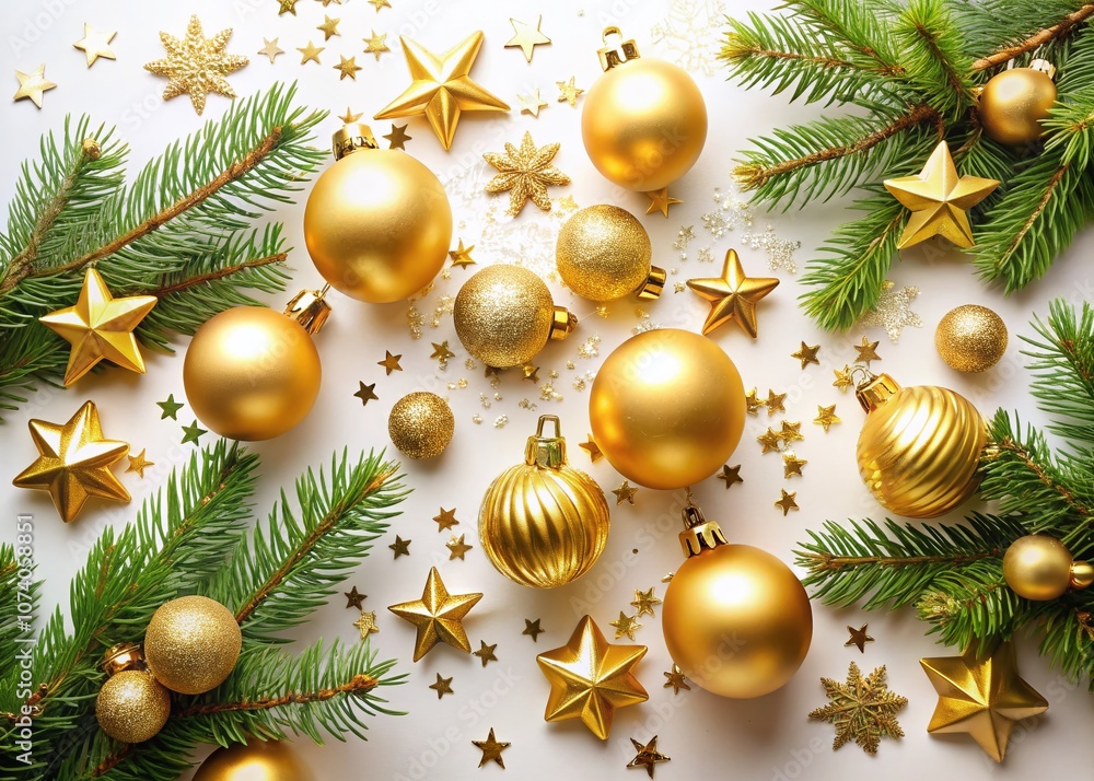 Captivating Golden Christmas Decorations Featuring Stars and Pine Branches on a Crisp White Background for Festive Holiday Cheer Captivating Golden Christmas Decorations Featuring Stars and Pine Branches on a Crisp White Background for Festive Holiday Cheer