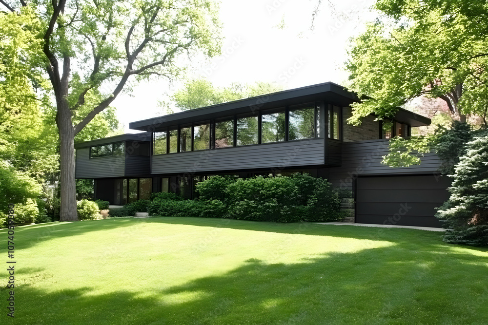Neighborhood Real Estate Image - Modern house with large windows surrounded by lush greenery and a well-maintained lawn. Neighborhood Real Estate Image - Modern house with large windows surrounded by lush greenery and a well-maintained lawn.