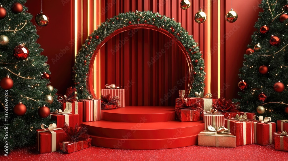 3D rendering of a festive product display podium with decorative background for a holiday event 3D rendering of a festive product display podium with decorative background for a holiday event