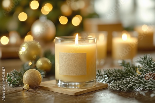 A glowing, hand-poured candle in a glass holder illuminates a rustic wooden table, accompanied by a sprig of evergreen and a gold Christmas ornament. Soft bokeh lights create a cozy and warm holiday a photo