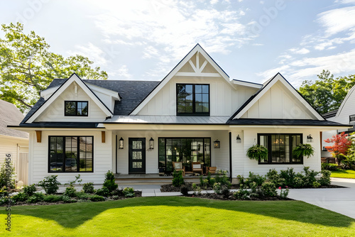 Neighborhood Real Estate Image - A modern, stylish home with a welcoming porch and landscaped yard.