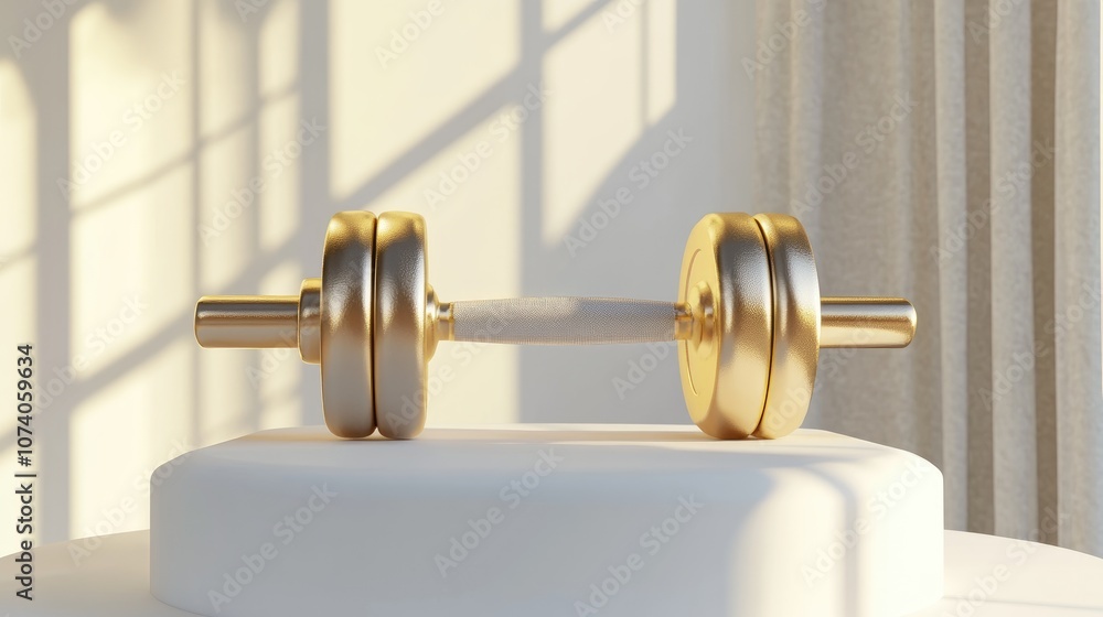 A realistic golden dumbbell showcased on a white pedestal series 3D rendering A realistic golden dumbbell showcased on a white pedestal series 3D rendering