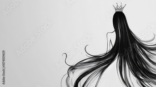 Slim delicate black and white cartoon princess with a crown depicted from behind showcasing her graceful figure and long hair drawn with lines on a minimalist white background photo