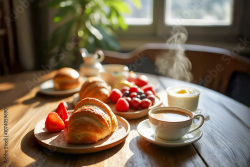 Wallpaper Mural A warm breakfast setup featuring croissants, fresh berries, and a steaming cup of coffee on a rustic wooden table bathed in natural sunlight. Perfect for morning or brunch themes. Torontodigital.ca