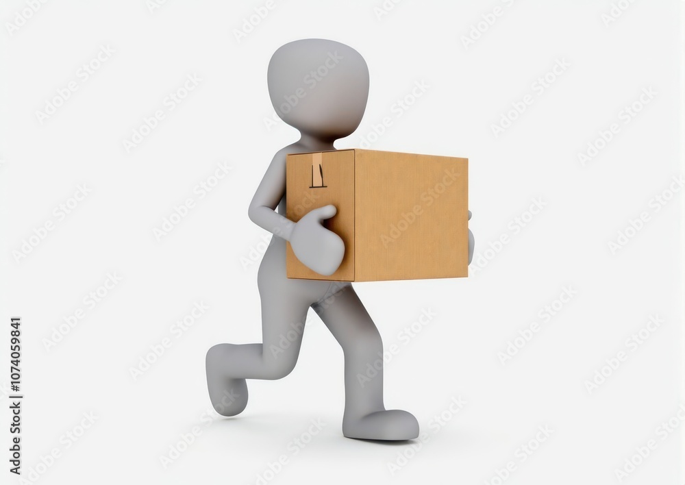 gray toy man 3d carries in hands a cardboard box on white background gray toy man 3d carries in hands a cardboard box on white background