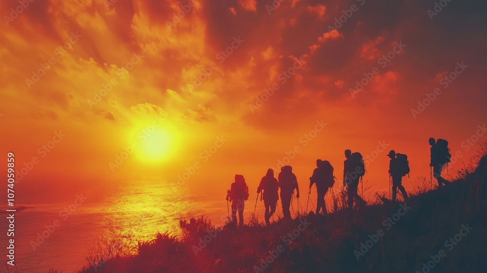 Silhouette of hikers walking on a mountain ridge at sunset. Silhouette of hikers walking on a mountain ridge at sunset.