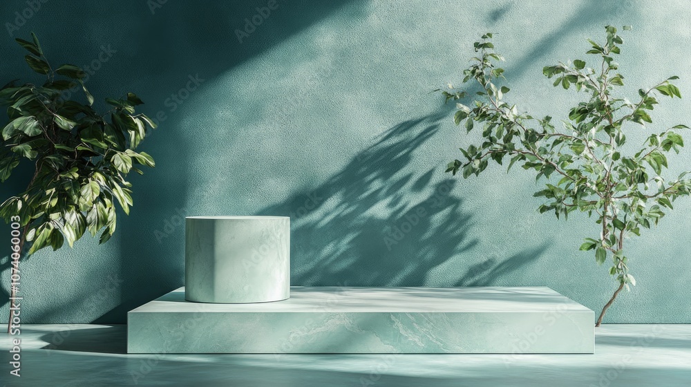 Square podium set against a green blue backdrop 3D rendering Square podium set against a green blue backdrop 3D rendering