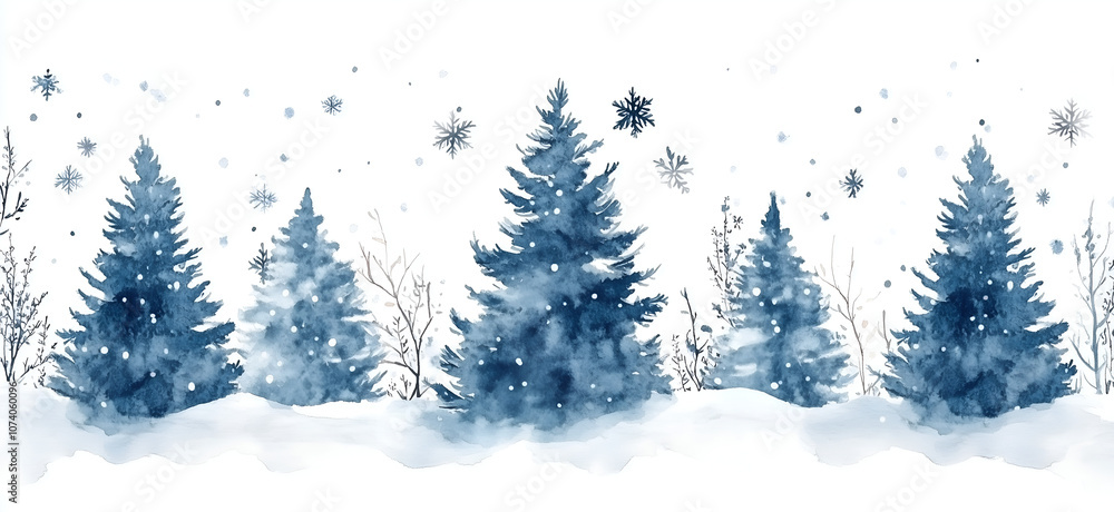 Fototapeta premium row of Christmas tree on white background, watercolor style
