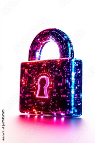 A digital padlock illuminated with colorful lights, symbolizing cybersecurity and protection.