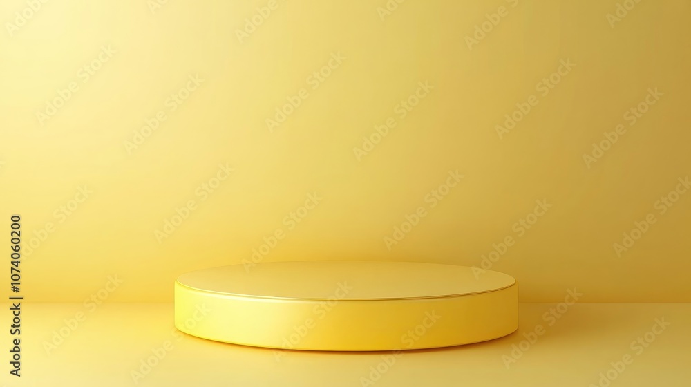 Bright neon yellow 3D rendering of a flat lay product display cylinder podium serving as a minimal and luxurious backdrop with golden accents Bright neon yellow 3D rendering of a flat lay product display cylinder podium serving as a minimal and luxurious backdrop with golden accents