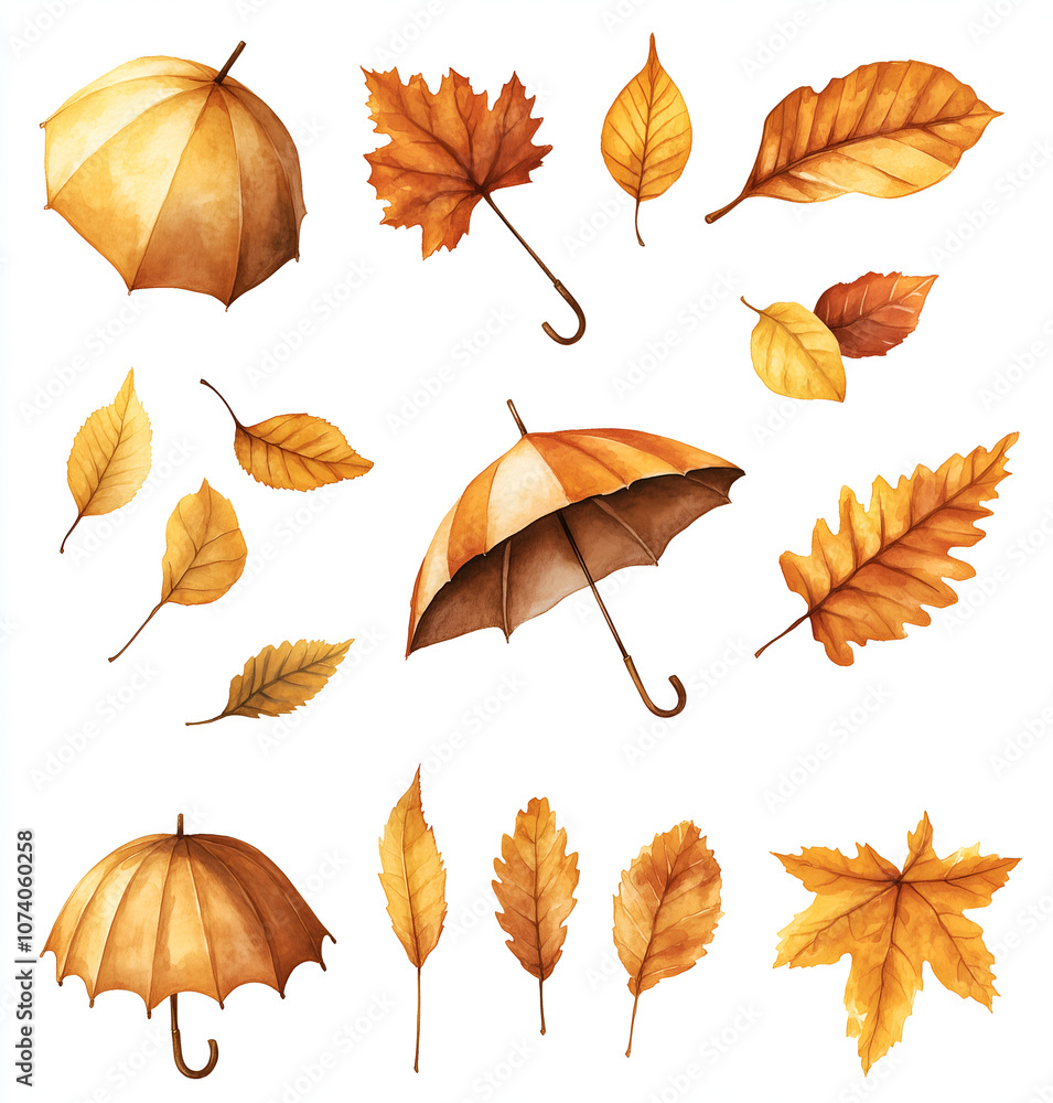 Obraz premium collection of autumn-themed clipart elements, such as leaves and umbrellas in various shades of orange and yellow, arranged on an isolated white background