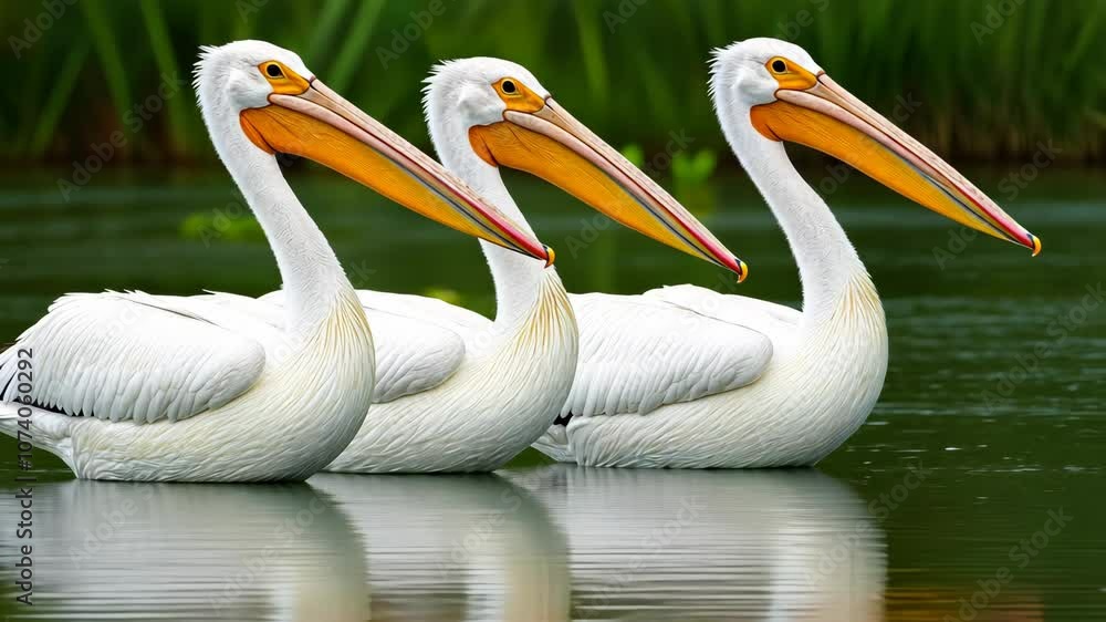 Three white pelicans swim in a line across a calm pond Three white pelicans swim in a line across a calm pond