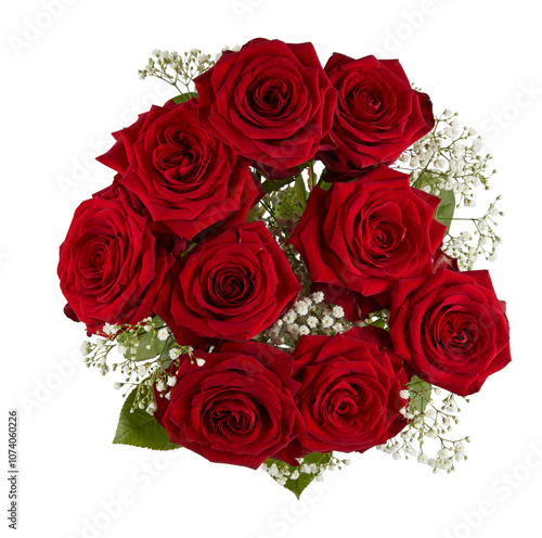 Bouquet of bright red roses, top view cut out isolated transparent background