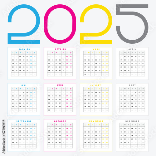 CMJN Calendrier 2025 Créatif et Coloré, Design Vectoriel simple de calendrier Français