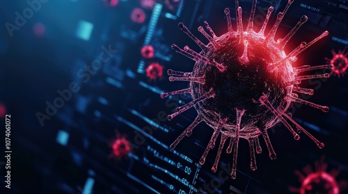 Close-up view of a virus's structure in a digital environment, showcasing bioinformatics.